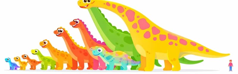 On the left and center of the image, a colorful lineup of cartoon-style dinosaurs stands arranged by size from smallest to largest, all facing left with friendly, wide-eyed expressions and toothy grins. The parade ranges from tiny raptor-like dinosaurs on the far left up through mid-sized theropods and sauropods, culminating in two enormous long-necked sauropods towering above the rest. A tiny human figure stands on the far right at ground level for scale, dwarfed by even the mid-sized dinosaurs. The background is plain white, with the right side open for text.