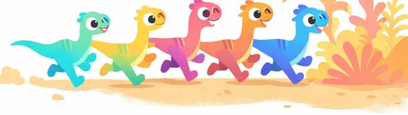 A pack of five small bipedal dinosaurs runs together across the bottom right portion of the image, all moving in the same direction toward the right with sharp, eager expressions and legs pumping fast. They stride across sandy ground with tall, soft-hued prehistoric plants and ferns in warm yellow, orange, and pink tones behind them. The upper left area of the image is open white space suitable for text overlay.