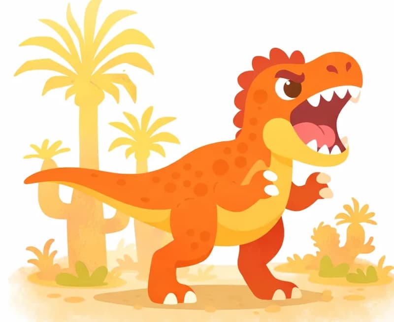 On the left side of the image, a large carnivorous dinosaur (resembling a T. rex) stands in a menacing pose with its mouth wide open, revealing rows of sharp, jagged teeth. It has a fierce, angry expression with narrowed eyes and small clawed arms raised. The dinosaur is mid-stride on dusty, sandy ground surrounded by prehistoric palm trees and low scrubby plants that fade into soft silhouettes in the warm afternoon light. The right side of the image is plain white background, clear for text overlay.
