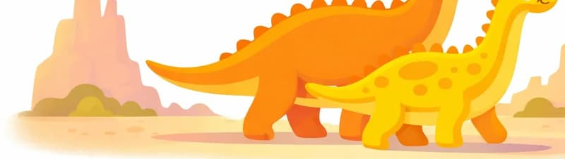 In the lower half of the image, two long-necked sauropod dinosaurs walk side by side across a flat, open plain, with a larger one behind and a smaller one in front, both with gentle, curious expressions on their faces. Soft, hazy rock formations rise in the background on the left and right. Warm afternoon light bathes the scene. The top portion of the image is plain white background, clear for text overlay.