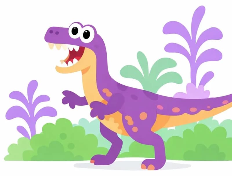 On the right side of the image, a cartoon theropod dinosaur stands mid-stride in a prehistoric outdoor setting, mouth open with a surprised, comical expression showing its teeth, with small clawed arms outstretched. The dinosaur is depicted with smooth, scaly skin and without feathers — representing the outdated understanding of theropod appearance mentioned in the text. It is surrounded by soft green bushes and stylized purple tropical plants against a plain light background on the left.