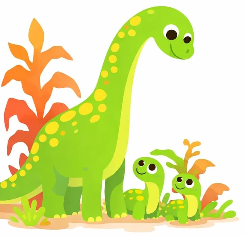 On the left side of the image, a large green long-necked plant-eating dinosaur stands upright with a gentle, watchful expression, looking down toward two smaller baby dinosaurs nestled among low prehistoric plants and foliage at its feet. The two young dinosaurs peer up with wide, curious eyes and tiny smiles. Tall reddish-orange prehistoric plants frame the scene on the far left, while the right side of the image is open white background suitable for text overlay.