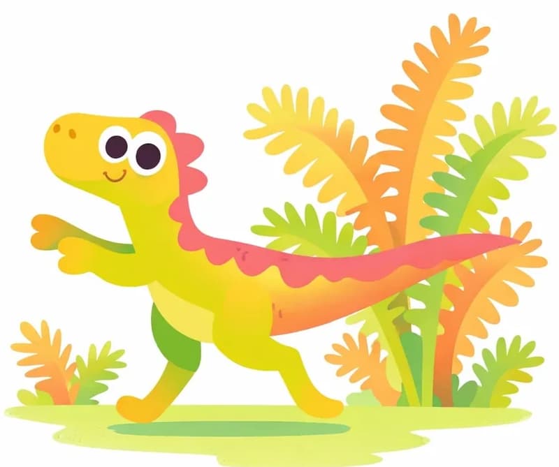 On the right side of the image, a small bipedal dinosaur strides forward on its hind legs in a walking pose, with its short arms reaching out in front and its long tail stretched out behind for balance. The dinosaur has wide, curious eyes and looks alert as it moves through an afternoon scene with tall, feathery fern-like plants surrounding it. The left side of the image is plain white background, free of detail.