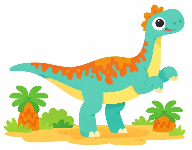 On the left side of the image, a friendly cartoon dinosaur (resembling a prosauropod) stands upright on its two strong hind legs with a happy, curious expression, its front limbs raised like arms in front of its chest with small pale claws. The dinosaur is teal-turquoise with a yellow belly, mottled orange markings running along its back and tail, and a small orange crest on its head. It has a long neck and tail, and is surrounded by low prehistoric-looking green shrubs and orange-trunked cycad-like plants on warm, sandy yellow ground. The right side of the image fades to a plain white background.