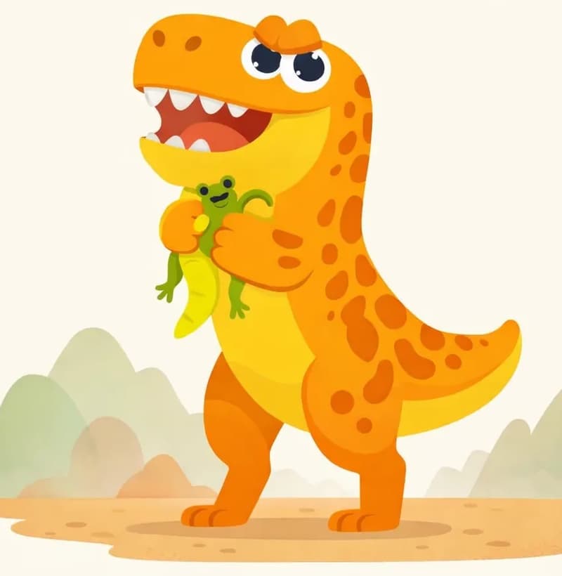 A T-rex stands on the right side of the image in a powerful upright pose, mouth slightly open with teeth visible, gripping a small wriggling creature in its notably short but strong arms. The dinosaur has a slightly humorous, determined expression. The scene is set outdoors against a backdrop of soft, hazy rocky hills and dusty ground, with the left side of the image open as plain background.