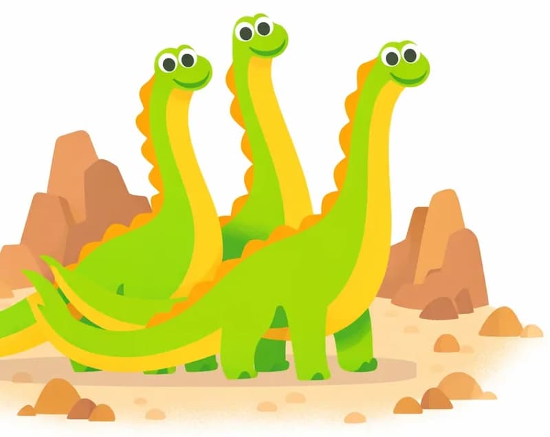 On the left side of the image, three long-necked dinosaurs (sauropods) stand together in a group on rocky ground, all facing slightly right with their necks raised and friendly, smiling expressions as if they know a secret. Their long tails sweep and intertwine behind them to the left. Brown rocky formations rise in the background behind them, with the right side of the image opening to plain white/light background.