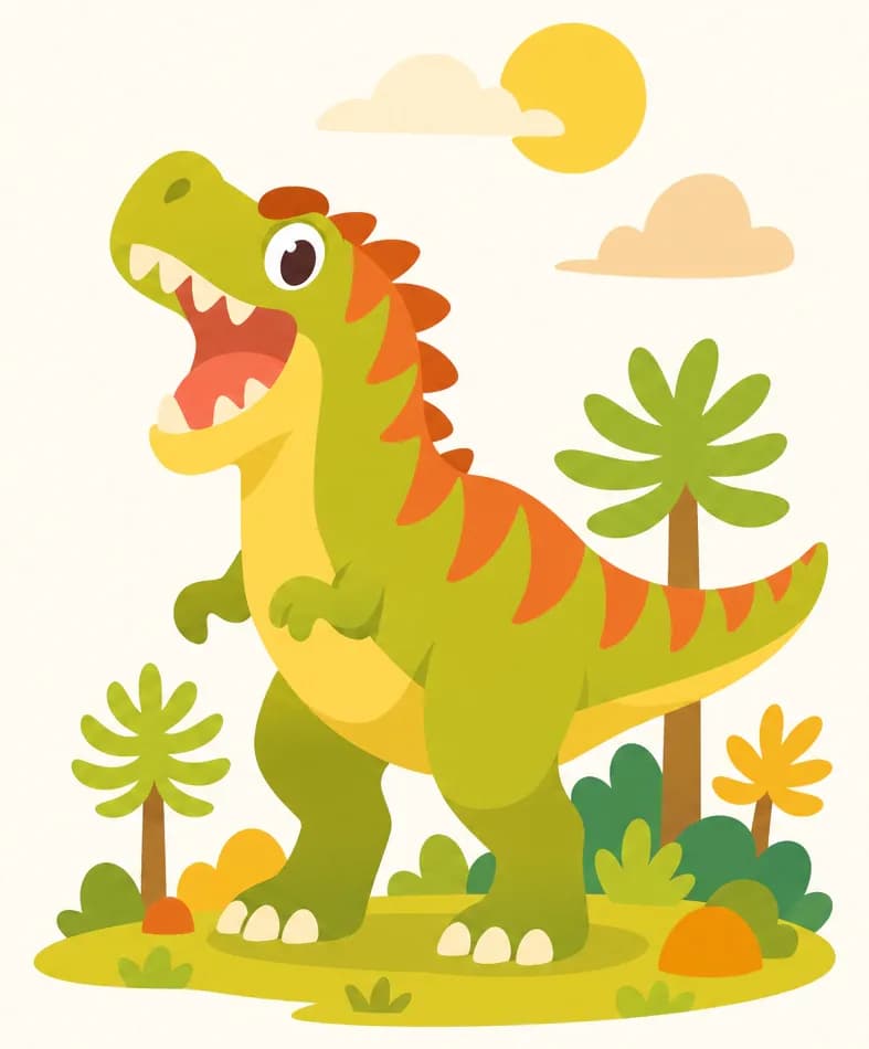 On the right side of the image, a T-Rex stands tall among small prehistoric trees and bushes, roaring but with a proud expression on its face. The scene is set outdoors in a warm, sunlit prehistoric landscape with soft pastel clouds in the sky. The left side of the image is open white/light background, suitable for text overlay.