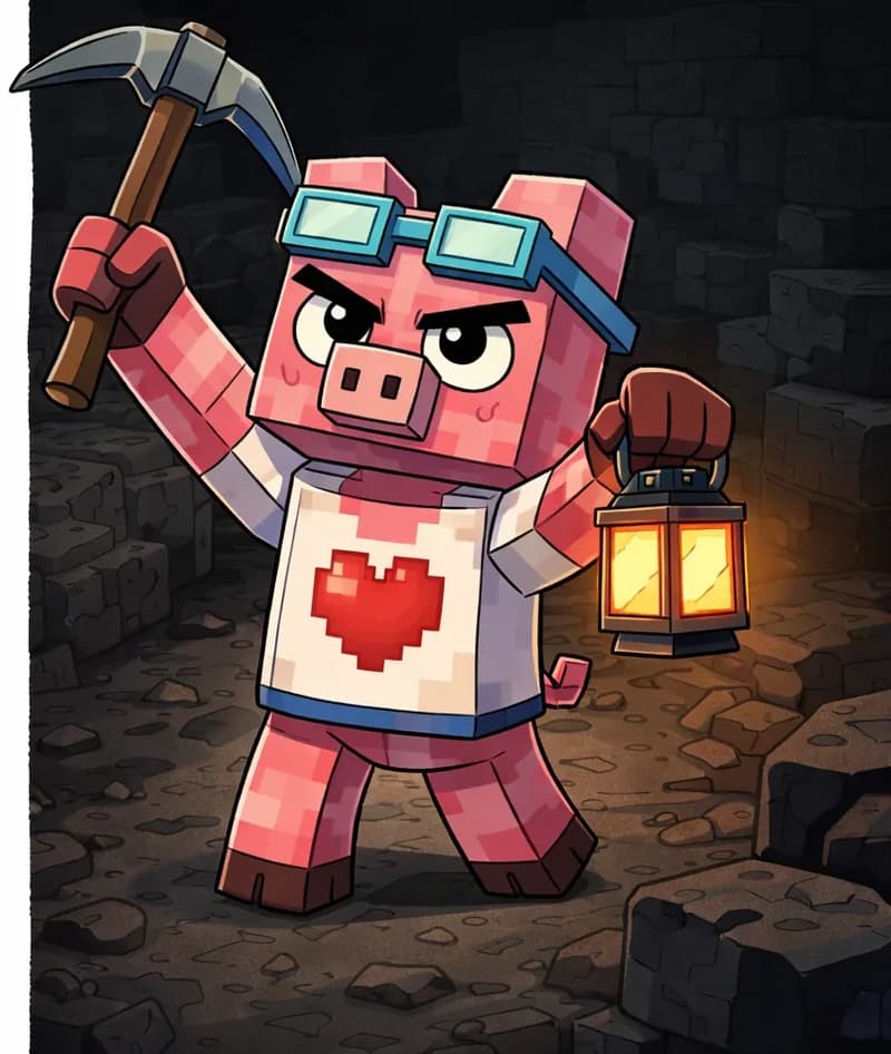 On the right side of the image, Fig Pig stands in a dark underground mine, holding a pickaxe raised enthusiastically in one hand and a small lantern in the other. Fig Pig has a determined, eager expression, looking ahead as if ready to start digging for coal. The scene is dimly lit with rocky, blocky stone walls and floor surrounding the character, giving the feel of a deep cave or mine shaft. The left side of the image is plain white background reserved for text.