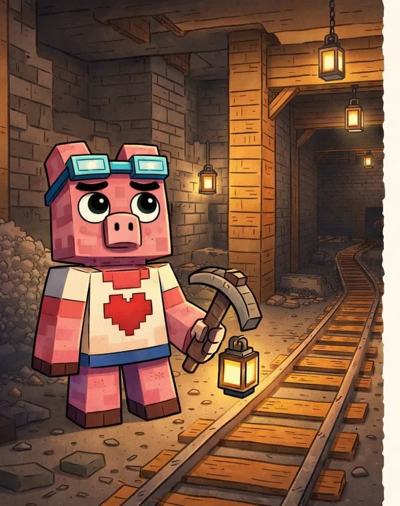 Fig Pig stands on the left side of the image inside an old underground mine, holding a pickaxe at his side and a small lantern, looking ahead with a curious, wide-eyed expression that conveys he feels small in this vast space. The mine is built with stone brick walls and wooden support beams, lit by warm glowing lanterns hanging from the ceiling, with minecart rails running along the ground and piles of gravel or ore scattered nearby. The right side of the image is open plain background for text overlay.