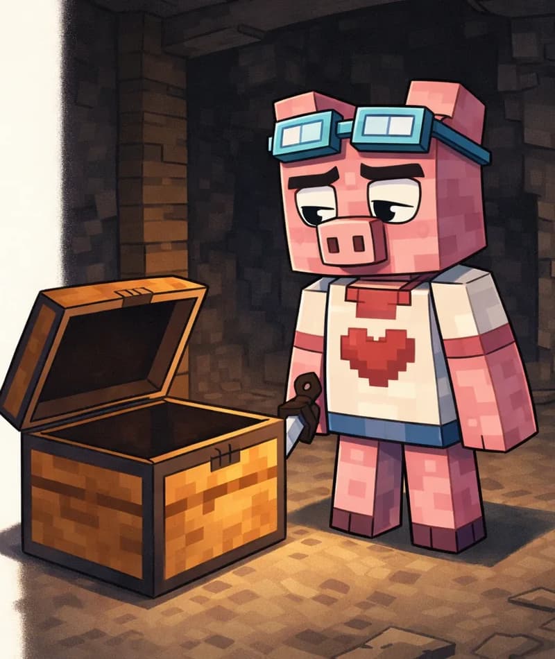 On the right side of the image, Fig Pig stands beside an open chest in a dimly lit underground cave or mine. Fig Pig has a hesitant, uncertain expression, looking down at the chest with one hand holding a sword at his side, appearing reluctant to take what's inside. The large orange-and-brown chest sits in the center-right of the scene, its lid propped open, while the rocky stone walls of the cave surround them in dark, earthy tones.