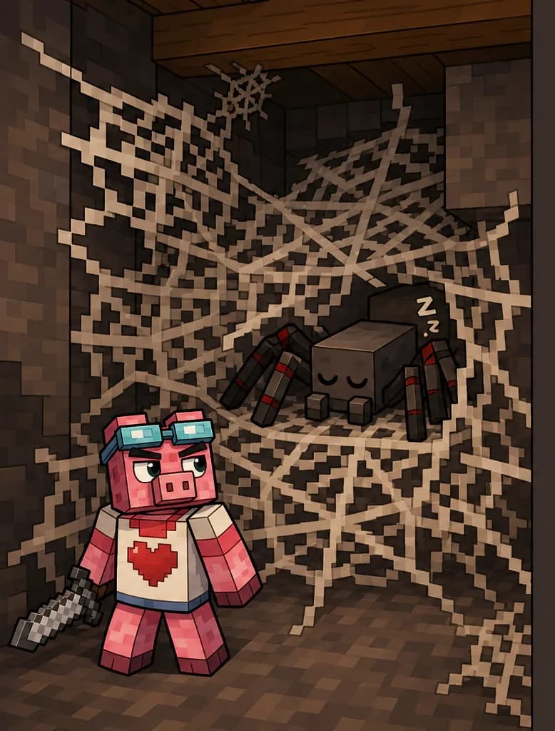 On the left side of the image, Fig Pig stands small at the bottom-left corner, holding a sword close to his side, looking up with a cautious, wary expression. A massive, intricate spiderweb stretches across the left portion of the scene, filling much of the mine tunnel from floor to ceiling, with a large spider nestled within the web.  The spider is asleep. The setting is a dim, rocky mine interior with brown stone walls and a wooden-beamed ceiling, creating a dark and enclosed atmosphere. The right ~40% of the image is plain background, clear for text overlay.