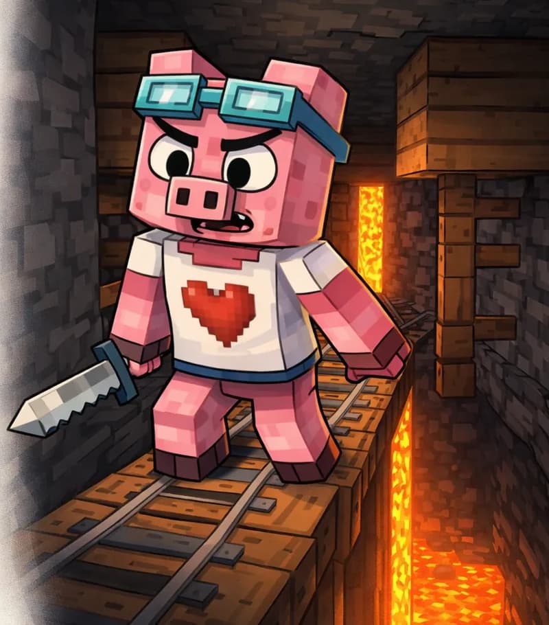 On the right side of the image, Fig Pig carefully walks along a narrow wooden walkway with rail tracks that runs beside a steep drop-off, holding a sword at his side. Fig Pig has a terrified, tense expression, treading lightly with each cautious step. Below the walkway, a glowing column of lava is visible, casting warm orange light up into the dimly lit cavern. The dark underground mine shaft has wooden support beams and stone walls. The left side is left as plain background for text overlay.