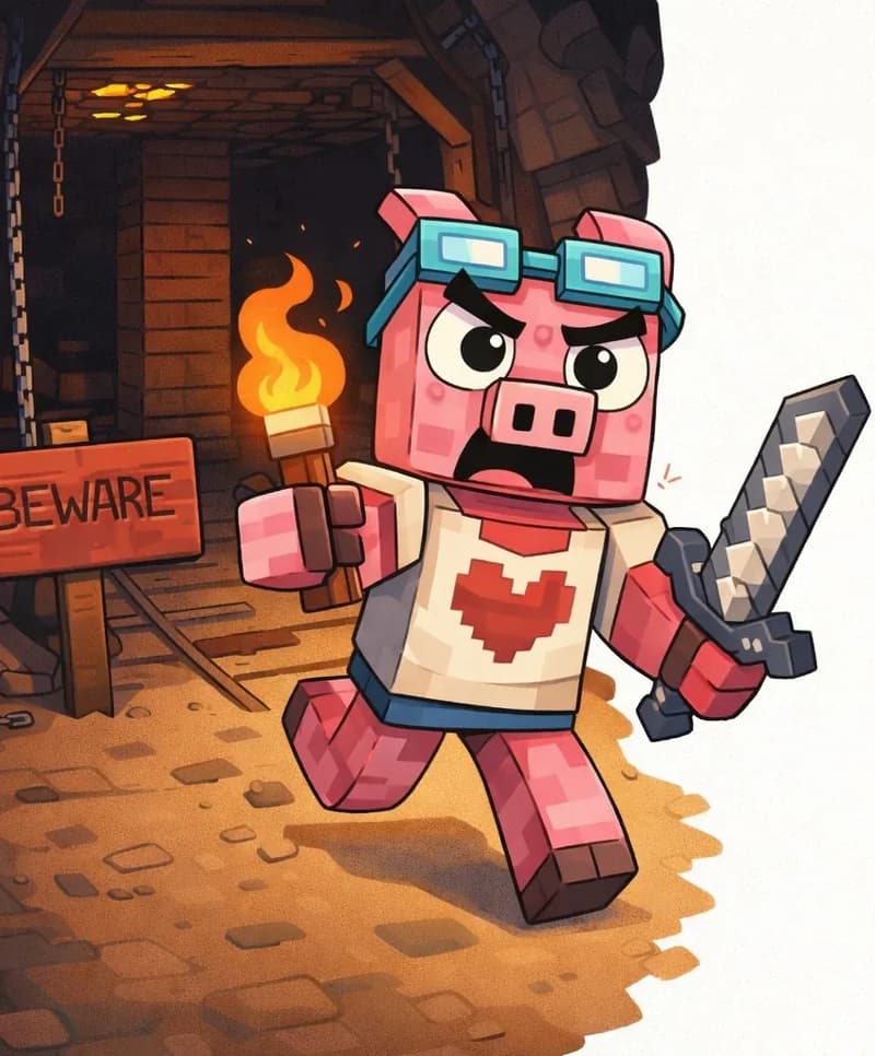 On the left side of the image, Fig Pig is mid-stride, running away from a dark mine entrance with a panicked, squealing expression, gripping a glowing torch in one hand and a sword in the other. Behind him, a red 'BEWARE' sign is posted on wooden stakes beside the mine entrance, which is a dimly lit wooden mine shaft with flickering torches on the ceiling. The right side of the image is plain white background, clear for text overlay.