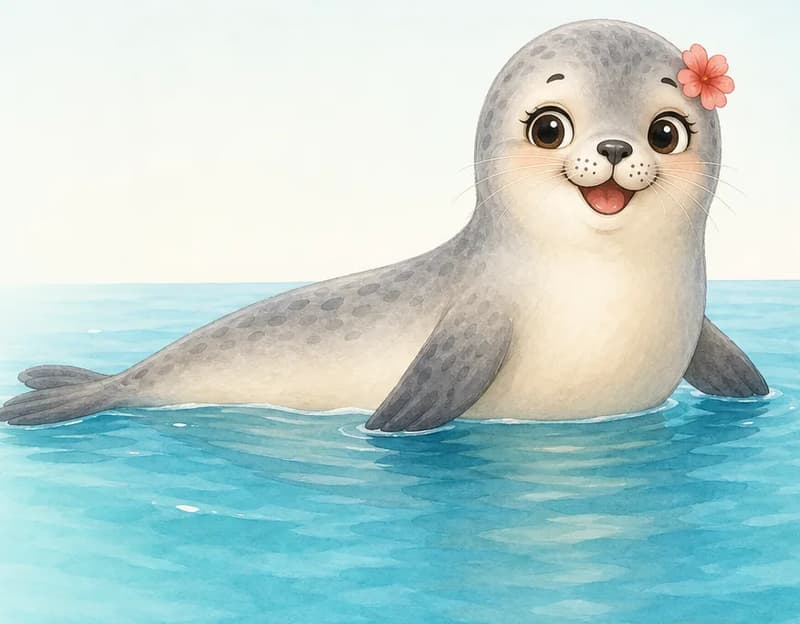 Introduce Fernanda. Show her full body in clear profile so the reader can see her long body shape and flippers. She is in the sea, half-floating on the surface, looking friendly and at ease. Setting: open seawater with a gentle horizon.