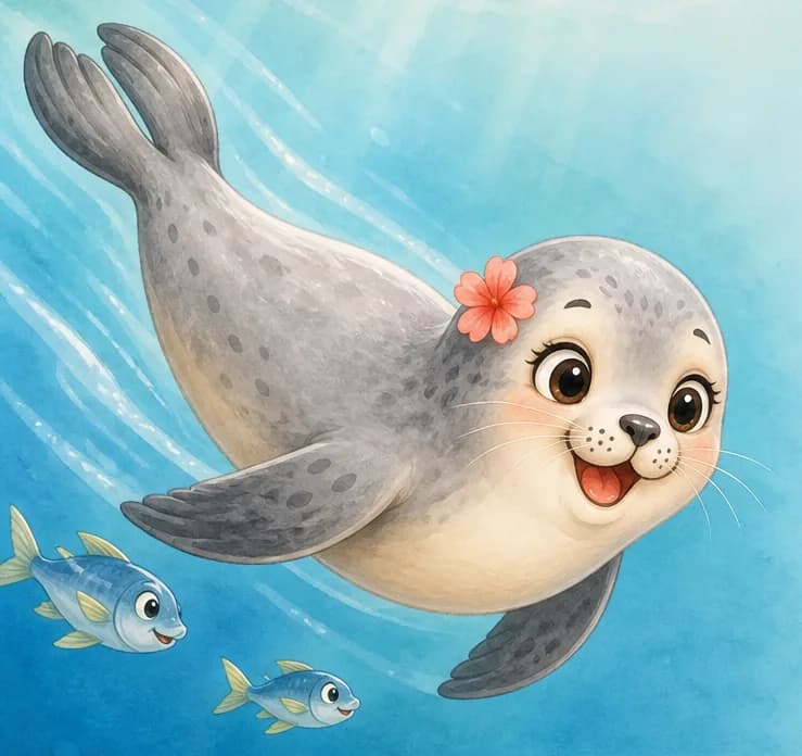 Fernanda swimming swiftly underwater, flippers clearly visible propelling her forward. A small fish or two swim near her to convey her diet. Mood: fast, agile, happy.