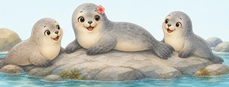 Fernanda resting on a cool rock or a smooth surface in the nature park, with one or two other seals nearby. The short fur should look soft. Mood: cozy, calm, at-home in the park.
