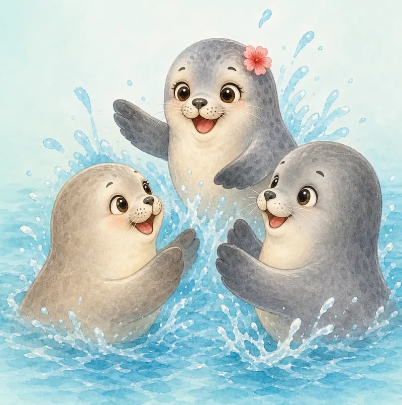Fernanda playing happily with Felipe and Felisa. All three seals are grouped close together in joyful play — for example, splashing in shallow water or playfully facing one another. Fernanda's expression is especially cheerful as she leads the fun. Mood: friendly and lively.