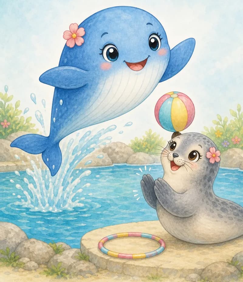 Fernanda balances a colourful ball on her nose or near her flippers, with a hoop visible nearby, and claps her flippers happily as Berta the whale leaps clear out of the water in a graceful arc. Both characters together in a park pool/water area. Mood: joyful spectacle, admiration.