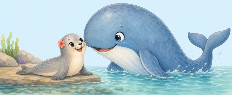 A warm two-character moment: Fernanda gazes up at Berta with a wide, admiring smile. Berta is close to Fernanda — perhaps resting at the water's edge or gently arching above Fernanda — her great tail visible. Mood: admiration, friendship, wonder.