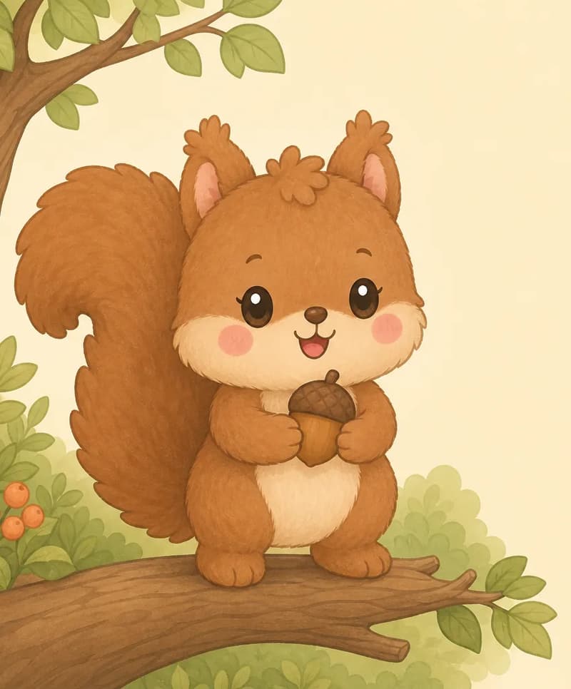 Adela stands upright on her back legs on a sturdy tree branch on the left side, holding an acorn between her front paws. Her long fluffy tail curls up behind her, leafy twigs and a few orange berries frame the branch, and the right half is clean simple cream background for text.