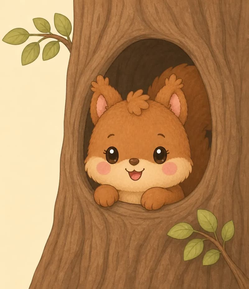 A tall tree with a clear hollow in the trunk. Adela peeks out safely and cozily with her head and front paws visible, while the left half remains plain for text.