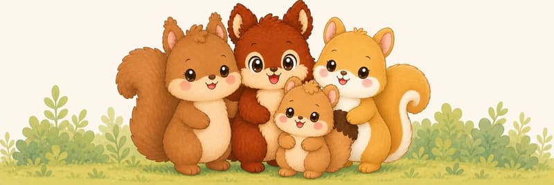Adela, Andrea, Ana, and Amelia are grouped together warmly in a soft forest setting, smiling as close squirrel sisters, with clean top space for text.
