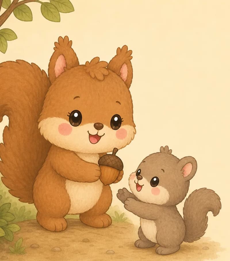 Adela kindly offers an acorn or food to a smaller hungry squirrel in the forest. The other squirrel reaches up gratefully, with clean right-side text space.