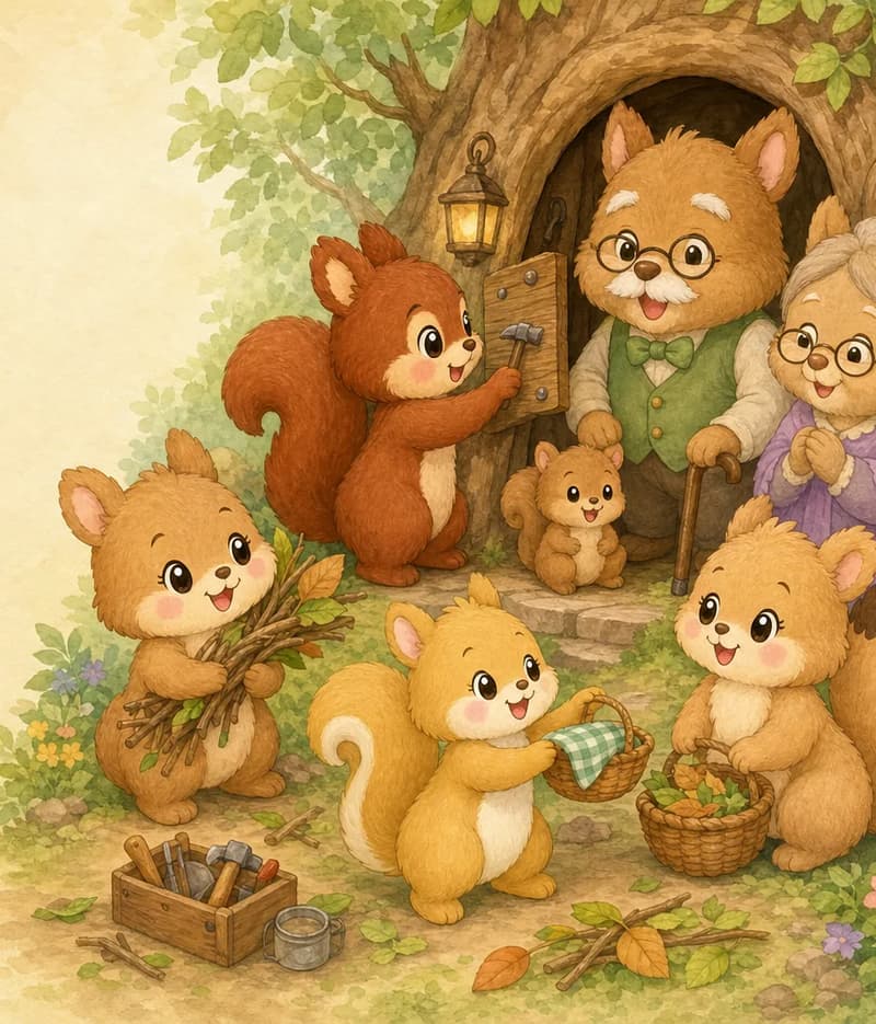 Landscape kawaii watercolor scene at a cozy tree-hollow home. Adela and her three squirrel sisters help exactly one elderly grandpa squirrel and exactly one elderly grandma squirrel. Adela patches a small wooden repair plate by the door, one sister carries twigs and leaves, one passes a cloth in a basket, and one brings a basket of leaves while a baby squirrel watches near the doorway. The grandpa has round glasses, white eyebrows and moustache, green vest, bow tie, and cane. The grandma has round glasses, gray hair, a purple shawl, and a flower. Large pale blank text area on the left.