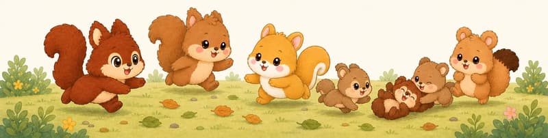 Adela and her three sisters play happily with young squirrels on the forest floor, full of friendly motion and joyful expressions, with clean top text space.