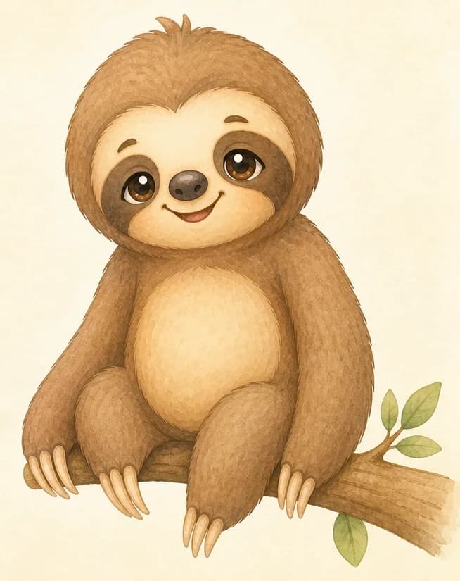 Introduce Octavio. Show him in a clear, friendly pose — perhaps gently hanging from a branch or sitting on one — so the reader can see him clearly. Soft simple tree-branch background.