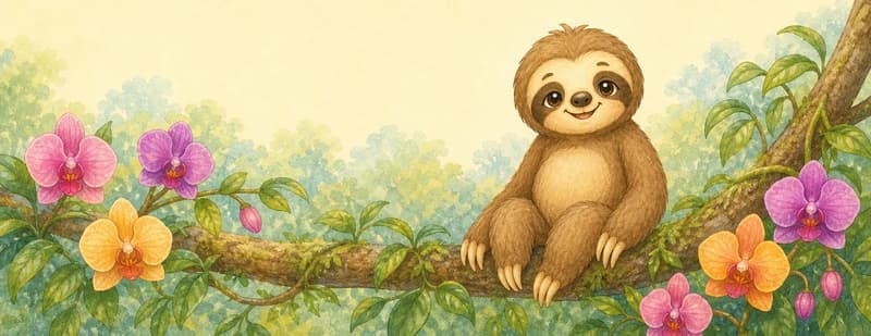 Octavio sits or hangs in a tree whose branches are decorated with several orchid blossoms (a few simple, brightly-colored orchid flowers among the leaves). Mood: peaceful and homey.