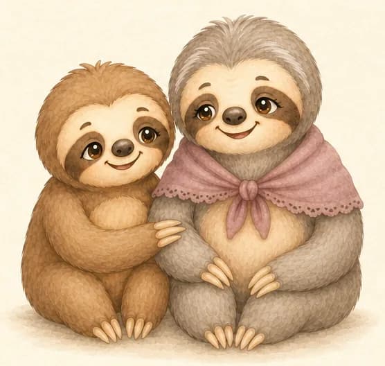 Octavio, a small light-brown young sloth, sits close beside his grandmother Omaira, a larger grey sloth with silvery hair and a dusty-pink lace-trimmed shawl tied at her chest. He leans into her affectionately, one paw resting gently on her arm. Both look at peace; Octavio's expression is caring and Omaira's is warm and content with a gentle smile. They sit together on the ground at the left side of the frame against a plain, soft cream background with only a faint shadow beneath them.
