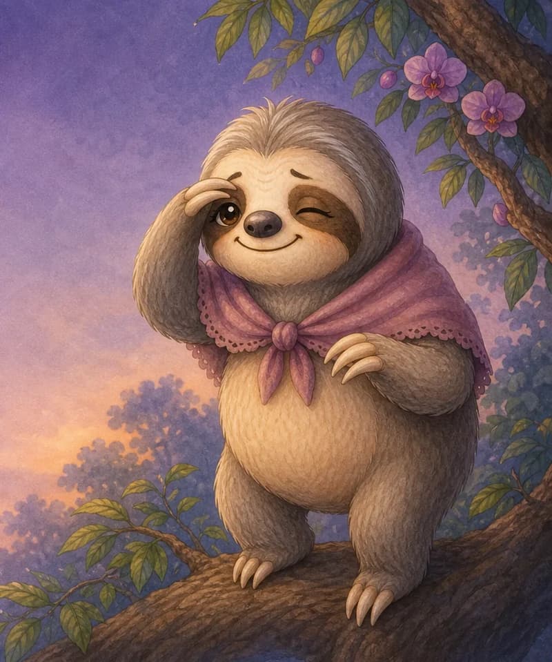 Omaira alone in low evening light, squinting gently and looking around as if having trouble seeing. The dim setting and her cautious posture clearly communicate she does not see well in the dark. No harsh darkness — keep the mood gentle.