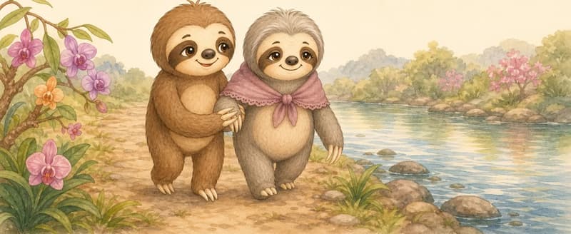Octavio and Omaira walk slowly together side by side toward the calm edge of a river. Octavio holds her paw or gently supports her. The riverbank is visible behind them. Mood: warm and tender — closing-page feel.