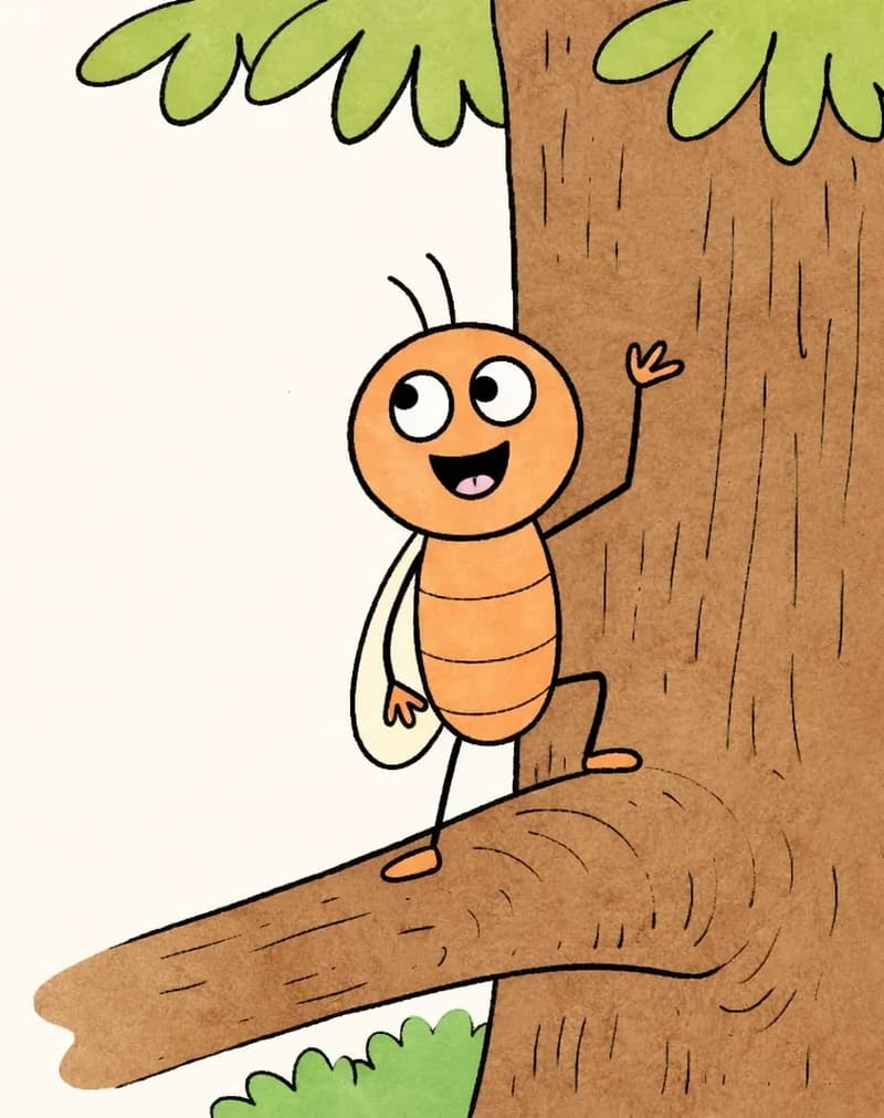 Bug stands on the right side of the image on a large tree branch, gripping the branch with her legs and grinning widely, looking excited and determined. The outdoor springtime scene features a large tree trunk filling much of the background, with green leaves overhead and lush green bushes and foliage visible in the bright, sunny background behind Bug.