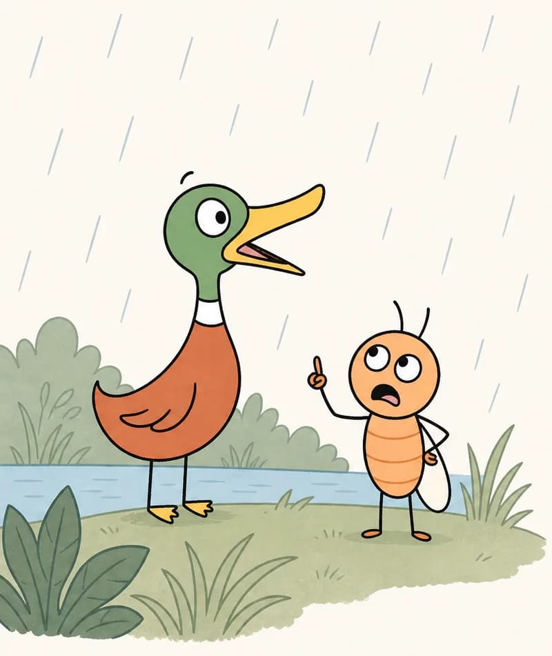 Duck stands on the left side of the image, beak open wide and head tilted upward, singing joyfully in the rain. Duck appears happy and carefree, standing upright on a grassy bank beside a pond or lake. Bug stands on the bank to Duck's right, frowning with her mouth open and one arm raised in a correcting gesture, clearly telling Duck the song is wrong. Rain falls steadily across the scene, with lush green bushes and foliage in the background and tropical-looking plants in the foreground.