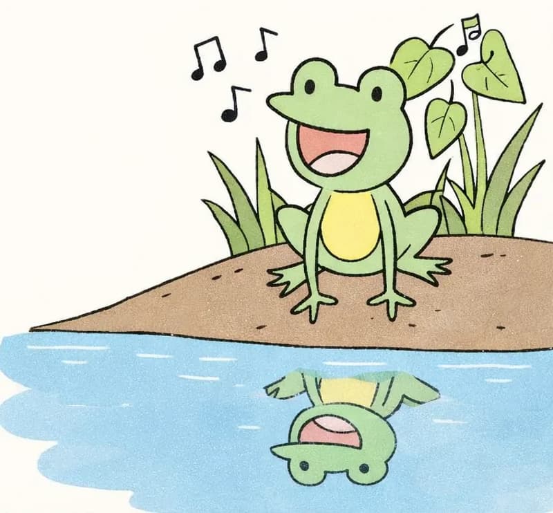 Frog is sitting on the right side of the image on a muddy bank at the edge of a pond, mouth wide open and singing happily with black musical notes floating in the air beside him. He has a cheerful, joyful expression as he performs his song, with green grass blades and broad heart-shaped leaves growing behind him on the bank. The pond water sits in the lower right portion of the scene, showing Frog's upside-down reflection on its surface. The entire left side of the image is open white space above the curving shoreline, leaving clear space for text.
