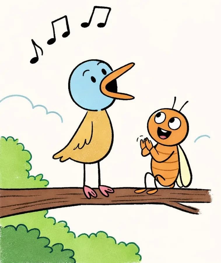 On the left side of the image, Big Bird stands on a tree branch with her orange beak wide open, singing enthusiastically with black musical notes floating above her head; she has a round blue head and a tan-yellow body with pink feet. Bug, a small orange insect with antennae, striped belly, and pale translucent wings, stands upright on the same branch beside Big Bird, clapping her front legs together with a cheerful, smiling expression as she looks up at Big Bird. The scene is set outdoors during the day, with the branch extending in from the lower left, green leafy bushes in the bottom-left corner, a small light-blue cloud outline behind the characters, and the right side of the image left as open, plain pale-cream sky with no other elements.
