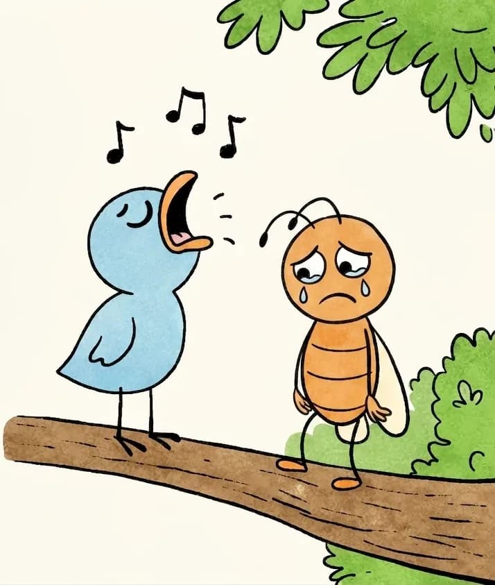On the right side of the image, Sad Bird, a small blue bird, is perched on a thick tree branch with eyes closed and beak wide open, singing with black music notes floating above her head. Bug, an orange insect with antennae and pale wings, stands next to Sad Bird on the branch, frowning sadly with tears on her cheeks and both arms hanging down at her sides. Green foliage hangs from the upper-right corner, and bushes sit in the background behind the characters. The left side of the image is plain white background.