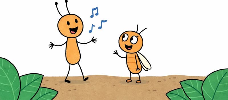 In the lower-left portion of the image, Crick stands with mouth open wide, singing happily with blue music notes floating above, one arm gesturing outward in a cheerful pose. Bug stands beside Crick, looking up at him with a smiling, eager expression and mouth open as if speaking. Both characters are on a patch of earthy ground outdoors, framed by large green leaves in the corners, with the top half of the image left as plain white background.