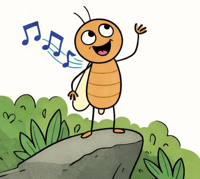 Bug is standing on a rock on the left side of the image, surrounded by green bushes and leaves. Bug has a wide, joyful smile with mouth open, singing happily with one arm raised in the air while musical notes float nearby. The outdoor scene is brightly lit with a plain white background filling the right side of the image.