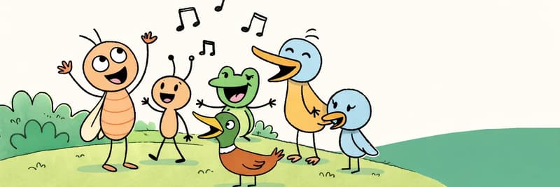 In the lower-left portion of the image, Bug stands at the front with arms raised enthusiastically, appearing to conduct the group as they sing together. Crick stands nearby, also with mouth open, joining in. Frog is behind them with mouth wide open, singing energetically. Duck stands among the group with beak open, singing along. Big Bird towers above the others in the back, looking down with a cheerful, wide-eyed expression and mouth open mid-song. Sad Bird is near the center, beak open and appearing to make an effort to sing, looking slightly uncertain. Musical notes float in the air above the group. The scene is set outdoors on a grassy hillside with bushes and trees in the background, under daylight. The top half of the image is open background with a teal-green color block on the right side.