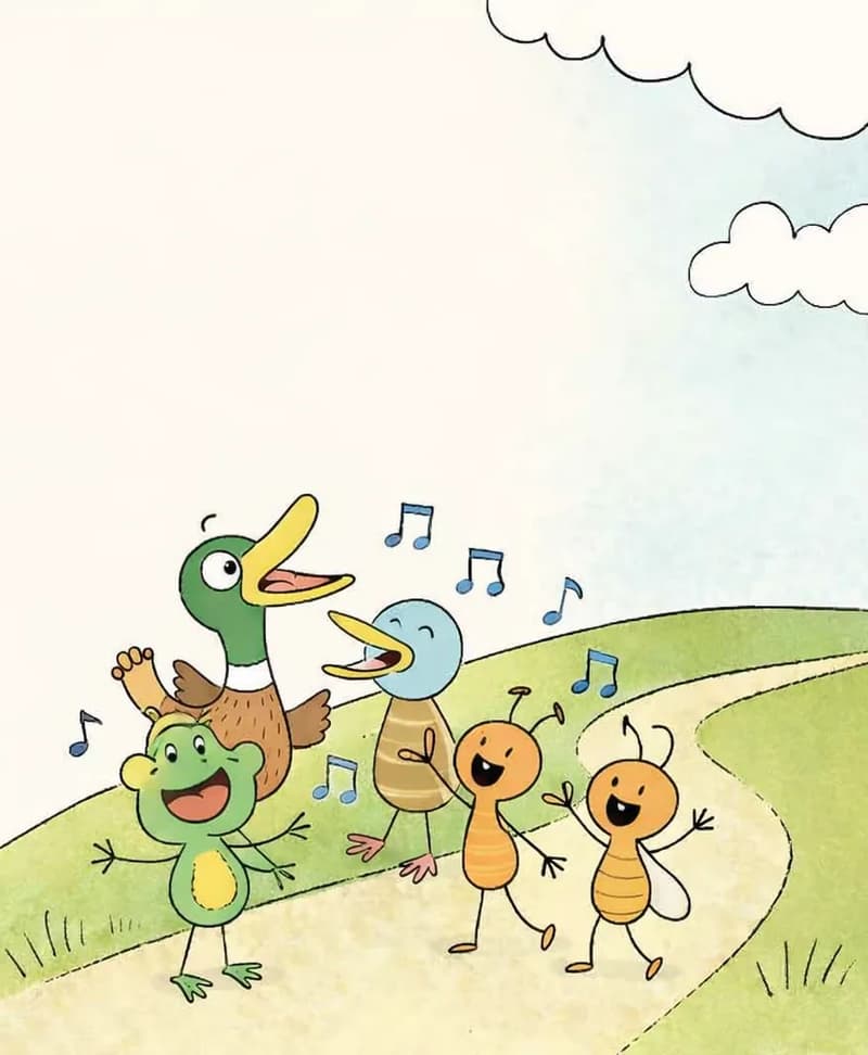 On the right side of the image, five characters are gathered together on a winding dirt path atop rolling green hills, singing joyfully with blue music notes floating around them, while the left side of the image is open empty space in a soft cream tone. Duck stands at the back of the group with one wing raised, beak wide open singing happily toward the sky. Sad Bird stands just in front of Duck with eyes closed and beak wide open in cheerful song. Frog is in the foreground, standing upright with arms outstretched and mouth wide open in a big grin, singing enthusiastically. Crick stands to the right of the group, arms raised and mouth open in a happy smile, singing along. Bug, with small translucent wings, stands beside Crick with arms raised and one leg kicked up, singing happily. The scene is set outdoors on a bright, sunny day with soft white clouds in a pale blue sky in the upper right and tufts of grass along the hillside path.