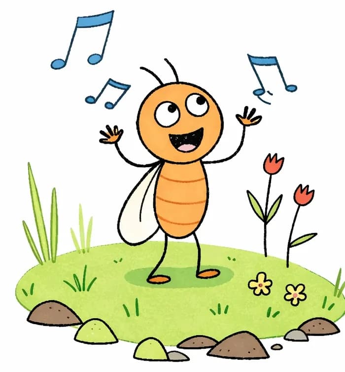 Bug stands on the left side of the image on a small grassy mound, dancing joyfully with both arms raised and mouth open wide in song. Blue music notes float in the air around her. She has a happy, exuberant expression. The outdoor scene features small wildflowers, tufts of grass, and scattered rocks around the mound, with the right side of the image left as plain white background.