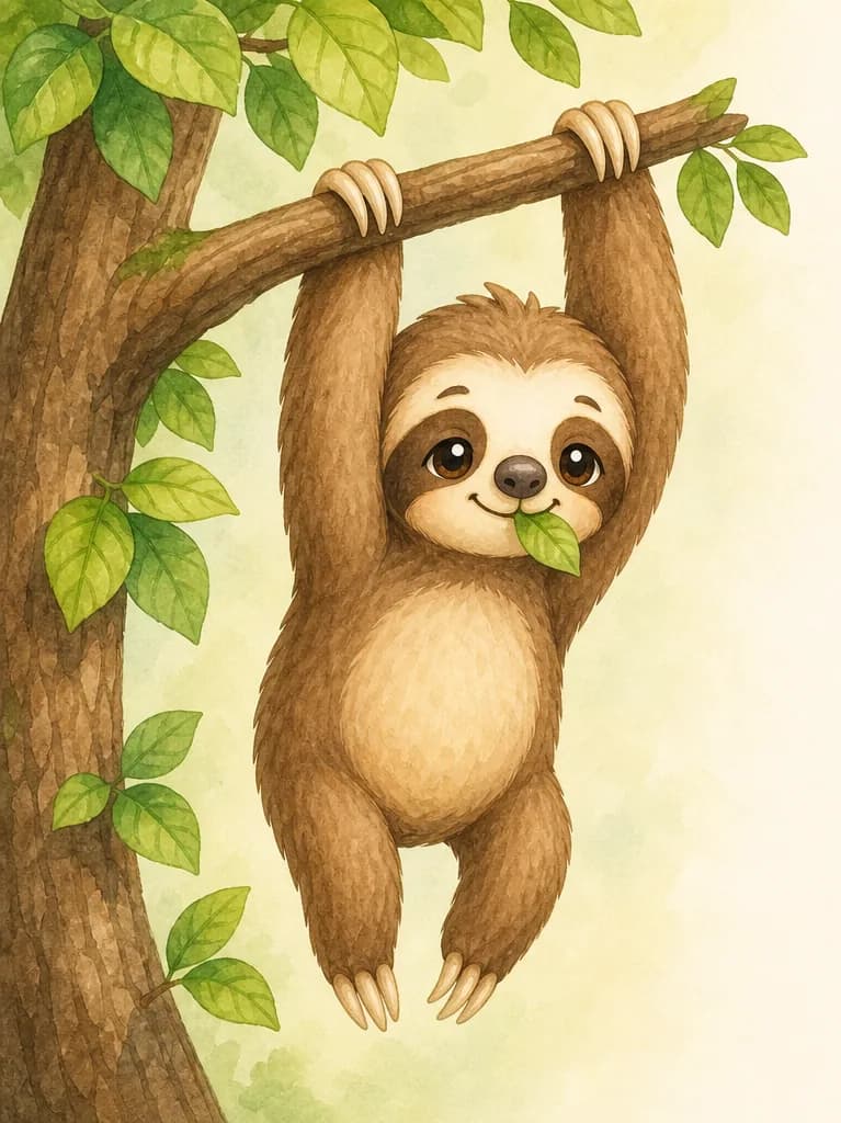 Introduce Octavio. He is shown calmly hanging from a branch of a leafy tree, with a few leaves nearby — one held in a paw or close to his mouth — and a relaxed, sleepy expression. Mood: warm, slow, gentle — the reader's first look at the main character.