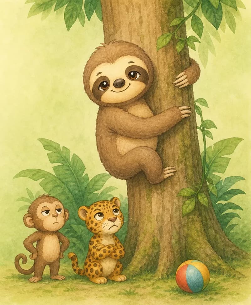 Octavio is moving slowly down a tree trunk; a ball lies on the ground nearby, just having rolled past him. One or two unnamed small jungle animals stand below looking a little impatient or bored. Mood: gentle frustration, slowness contrasted with eagerness.