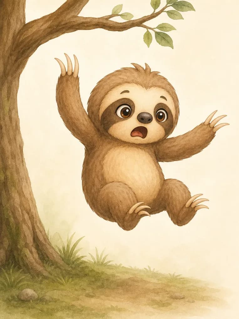 Octavio is mid-fall from a tree branch high above, eyes wide open in surprise, paws splayed. The branch is visible above him and the ground below — the moment of falling is captured. Mood: startled, alarmed.