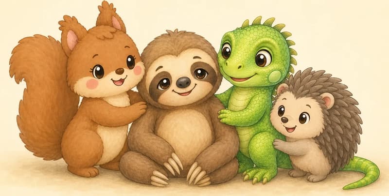 Octavio sits on the ground at the centre with his three friends gathered closely around him in a comforting, supportive group: Adela, Irene and Enrique offer gentle gestures of help — a paw on the shoulder, a kind look, leaning in. Mood: warm friendship and patience.