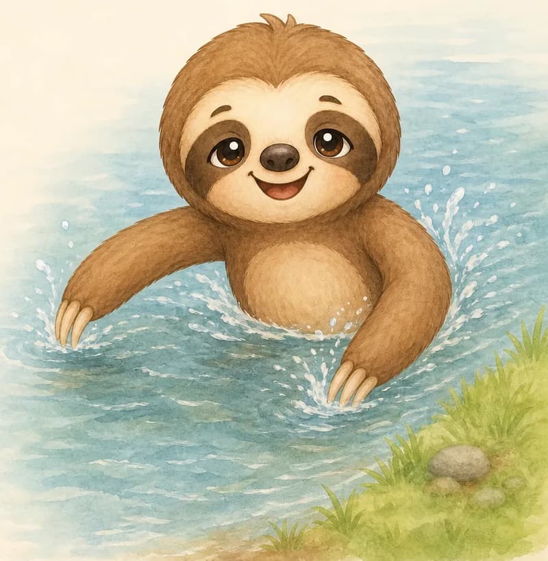 A river or stream. Octavio is in the water, paddling happily with a clearly delighted expression — water ripples around him. Setting: a riverbank with simple grass at the edge. (Friends may be hinted at the bank as small simple shapes but the focus is Octavio enjoying the swim.) Mood: joyful, free, the closing feel-good page.