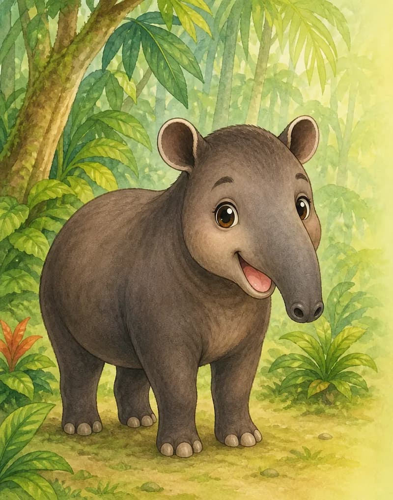 Introduce Diana. Show her full body in a calm pose so the reader can see her sturdy build, dark coat, and long snout. Setting: a lush jungle clearing with simple foliage. Mood: gentle and welcoming.